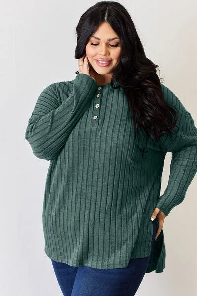 Basic Bae Full Size Ribbed Half Button Long Sleeve High-Low T-Shirt