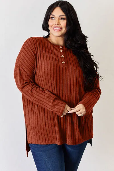 Basic Bae Full Size Ribbed Half Button Long Sleeve High-Low T-Shirt