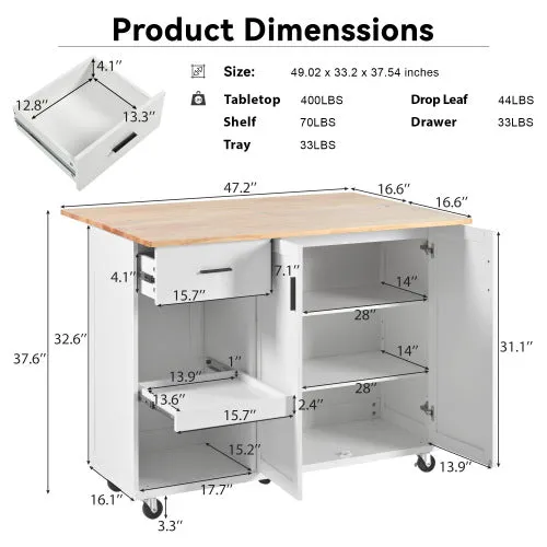 Bellemave® Rolling Kitchen Cart on Wheels with Foldable Counter Top and Slide-Out Shelf, Towel Rack and Drawer,