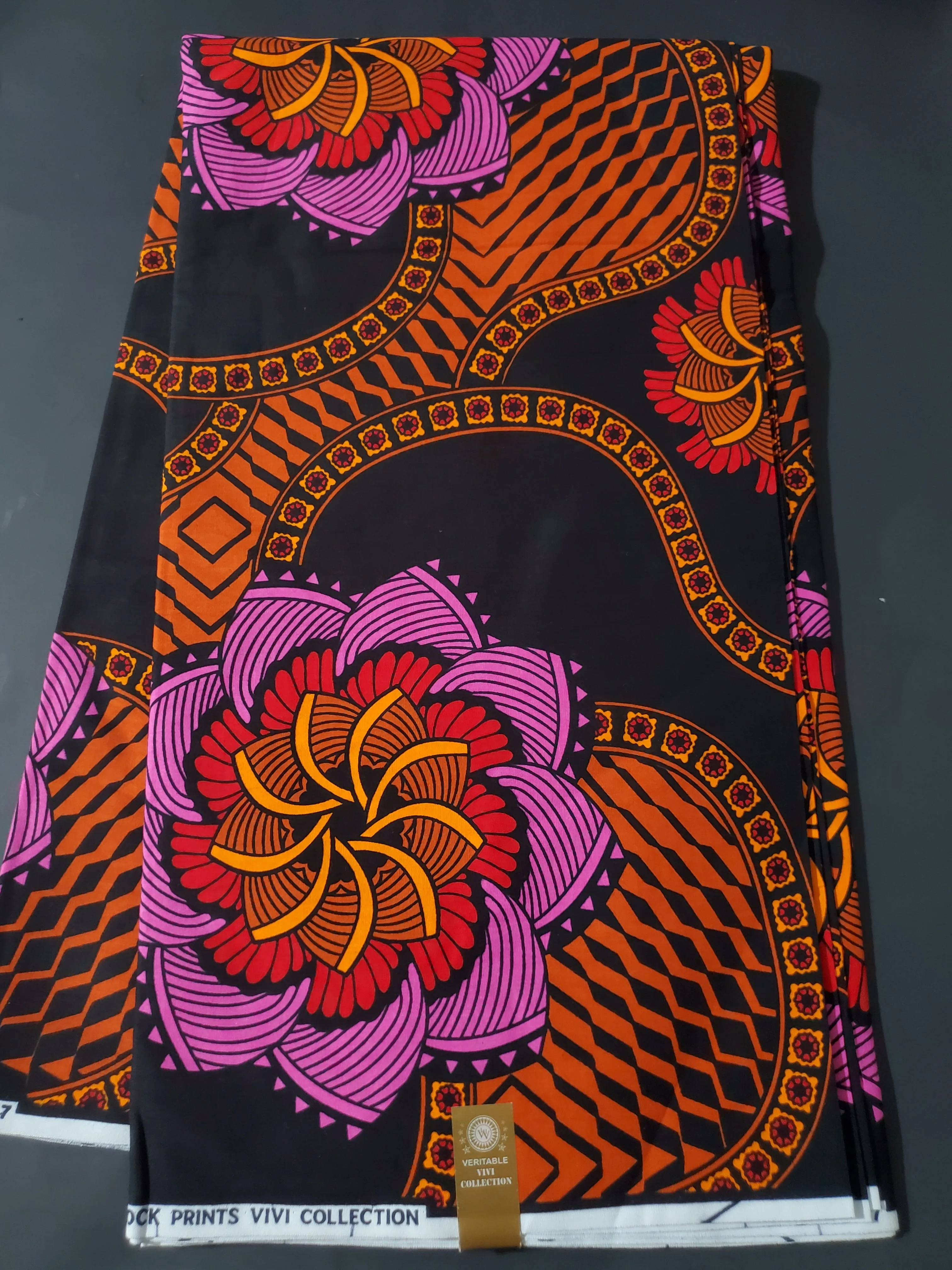 Black, Pink and Orange African Ankara Print Fabric