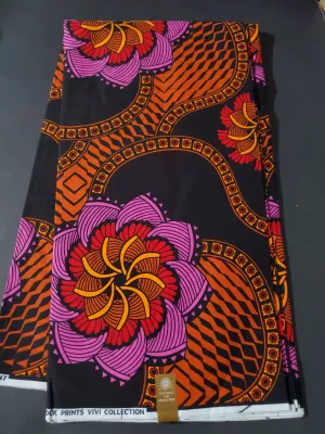 Black, Pink and Orange African Ankara Print Fabric