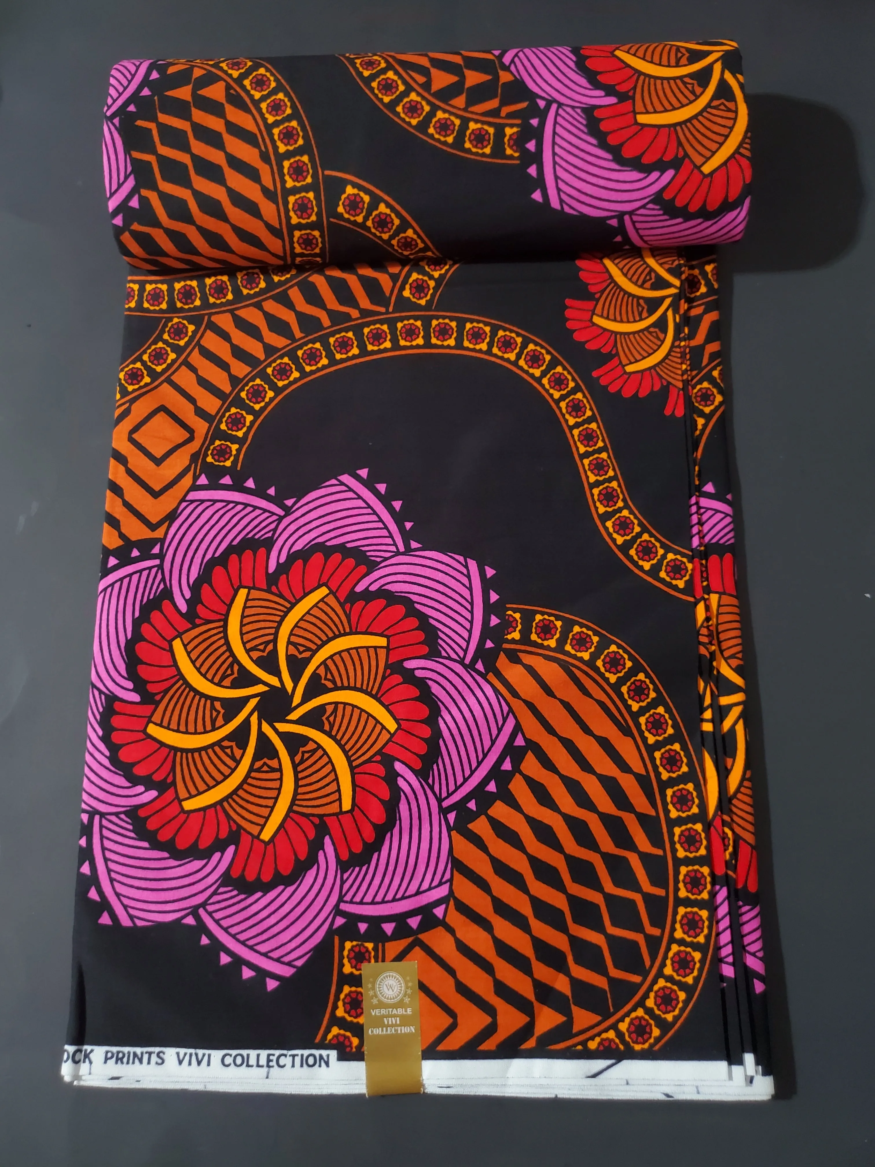 Black, Pink and Orange African Ankara Print Fabric