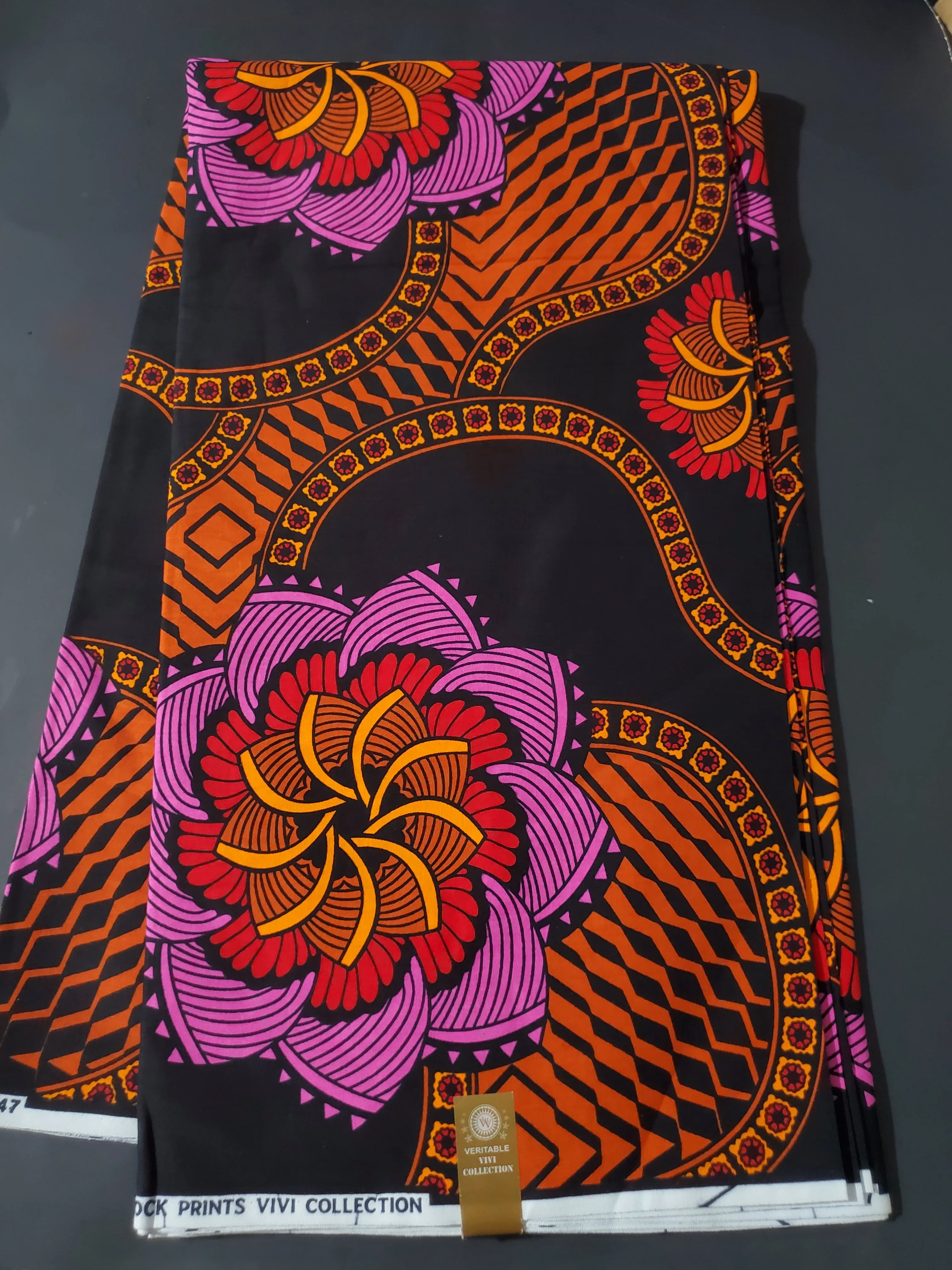 Black, Pink and Orange African Ankara Print Fabric