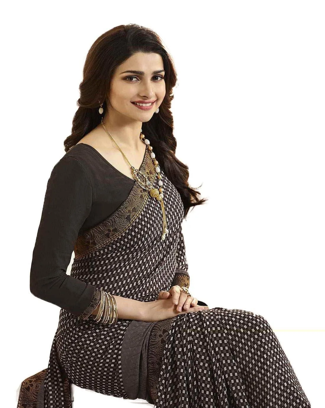 Brown Check Printed Georgette Saree