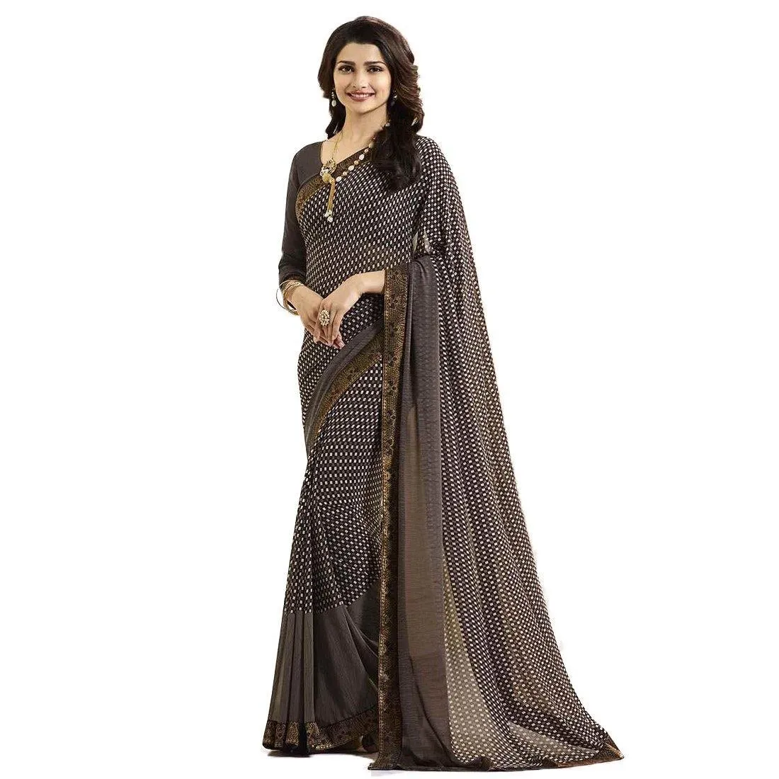 Brown Check Printed Georgette Saree