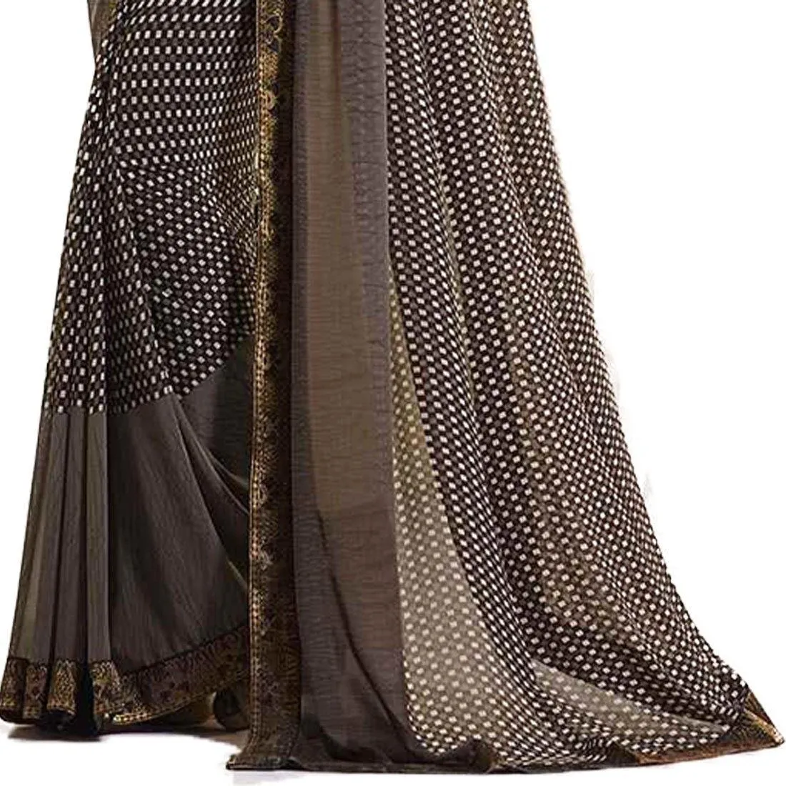 Brown Check Printed Georgette Saree