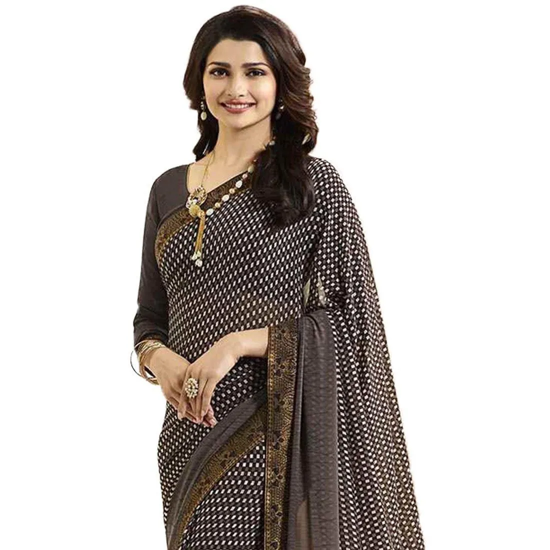 Brown Check Printed Georgette Saree