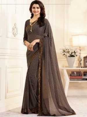 Brown Check Printed Georgette Saree