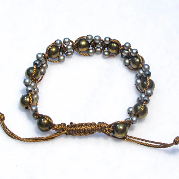 Complex Design Macrame Bracelet with Pewter & Brass Beads