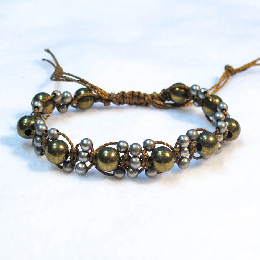 Complex Design Macrame Bracelet with Pewter & Brass Beads