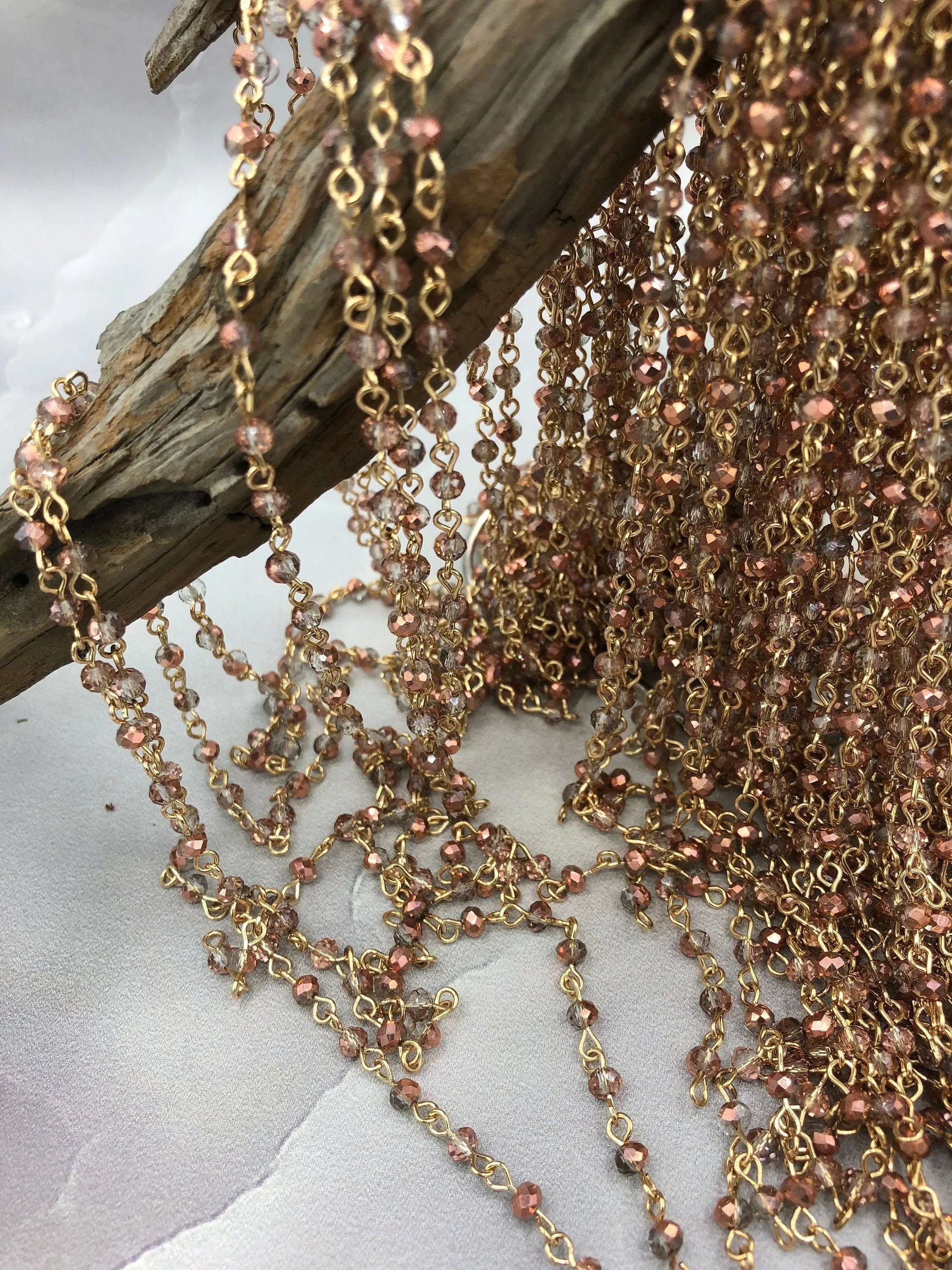 Crystal Round Champagne Copper Rose Rosary faceted glass beads Beaded Chain 6mm and 4 mm Gold or Bronze, pin 1 Meter (39 ") Fast Ship