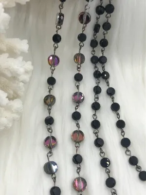 Faceted Crystal AB Black and Gold Iridescent Flat Round mixed Size Rosary, Glass Beads, Beaded Chain Gun Pin, Sold by the Foot, 2 styles