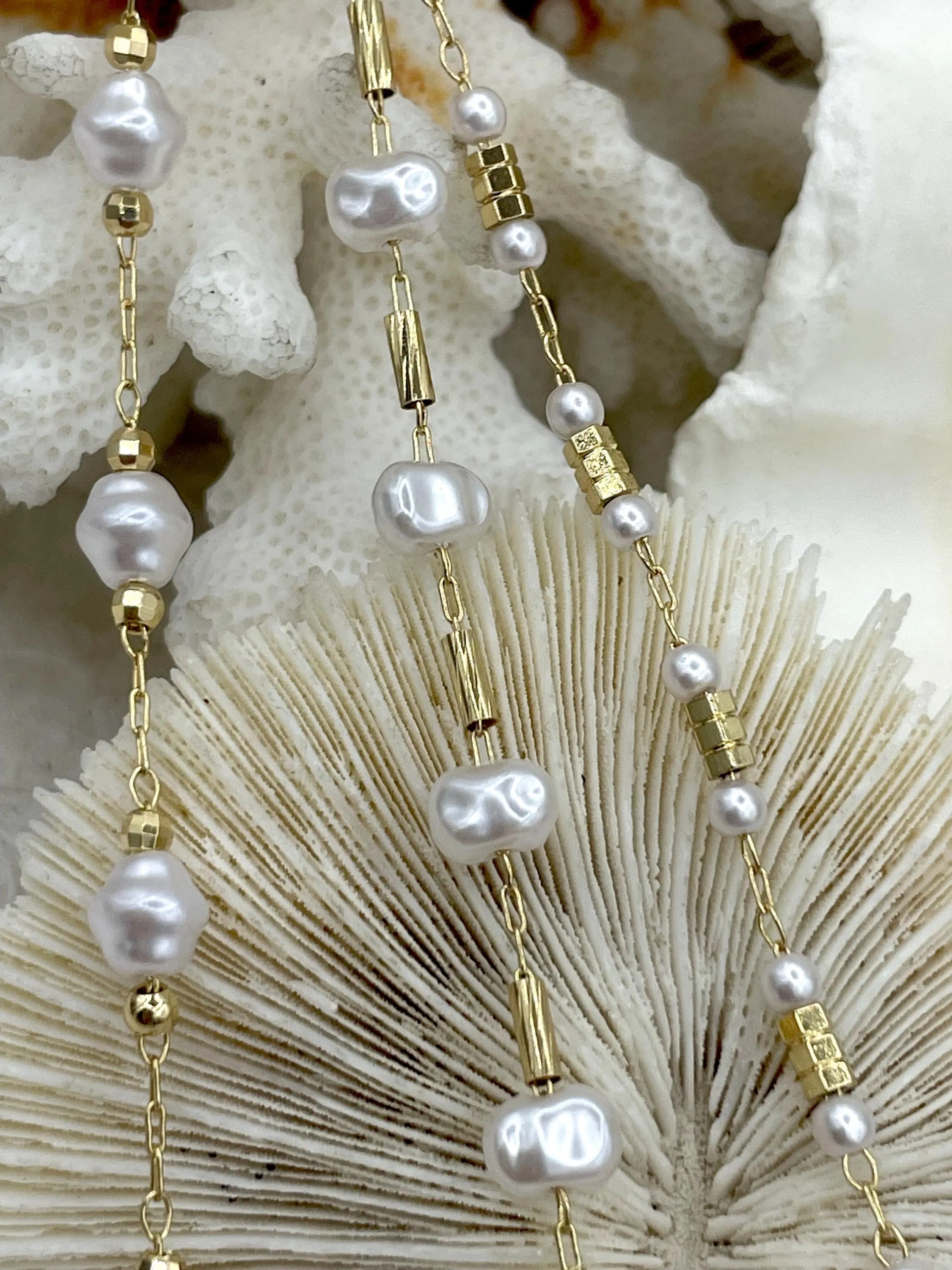 Faux Pearl Beaded Rosary Chain, White Pearls with Gold Caps and Wire, 3 Styles, Gold Plated Brass Wire, Sold by the foot, Fast Ship