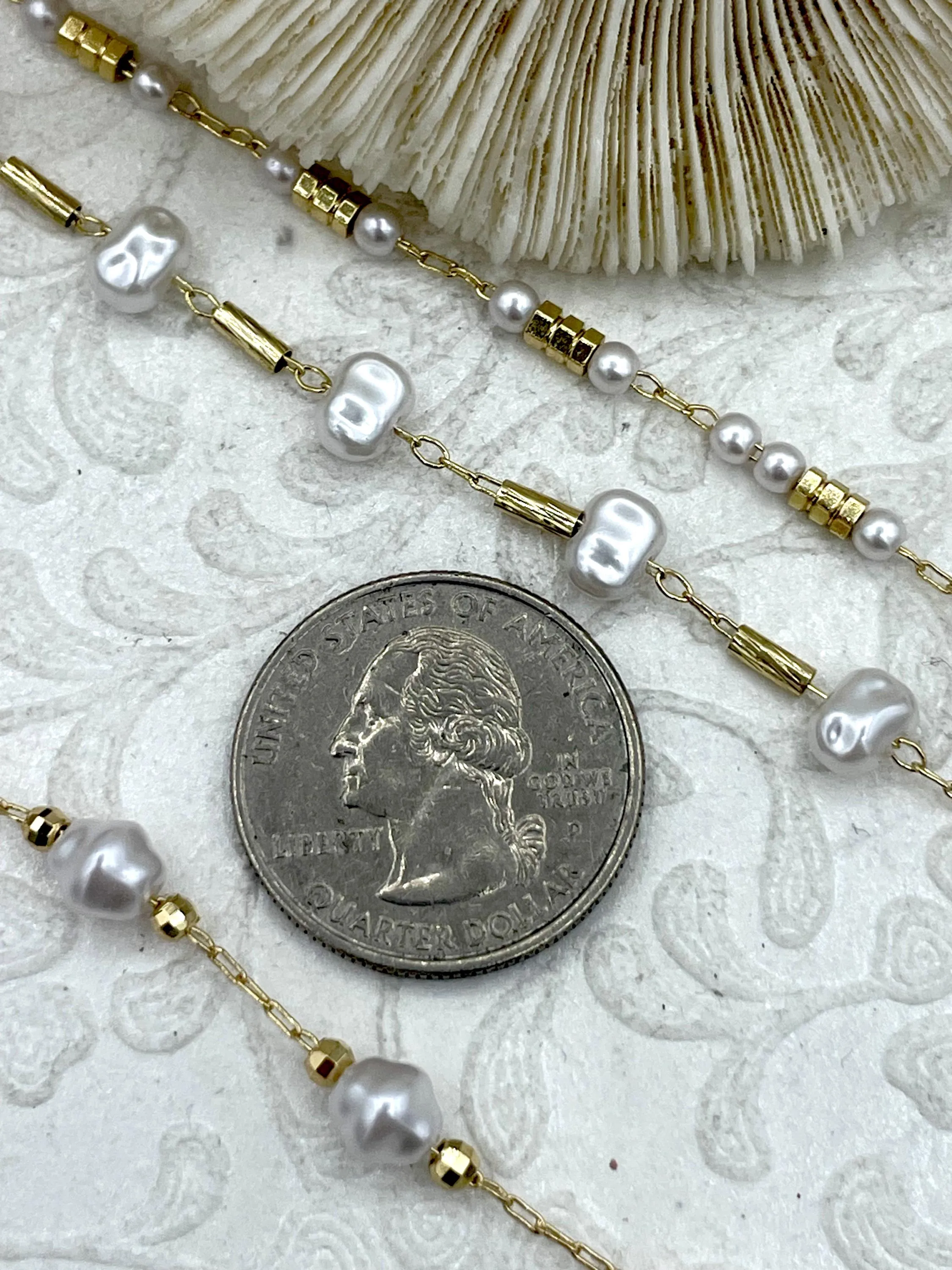 Faux Pearl Beaded Rosary Chain, White Pearls with Gold Caps and Wire, 3 Styles, Gold Plated Brass Wire, Sold by the foot, Fast Ship