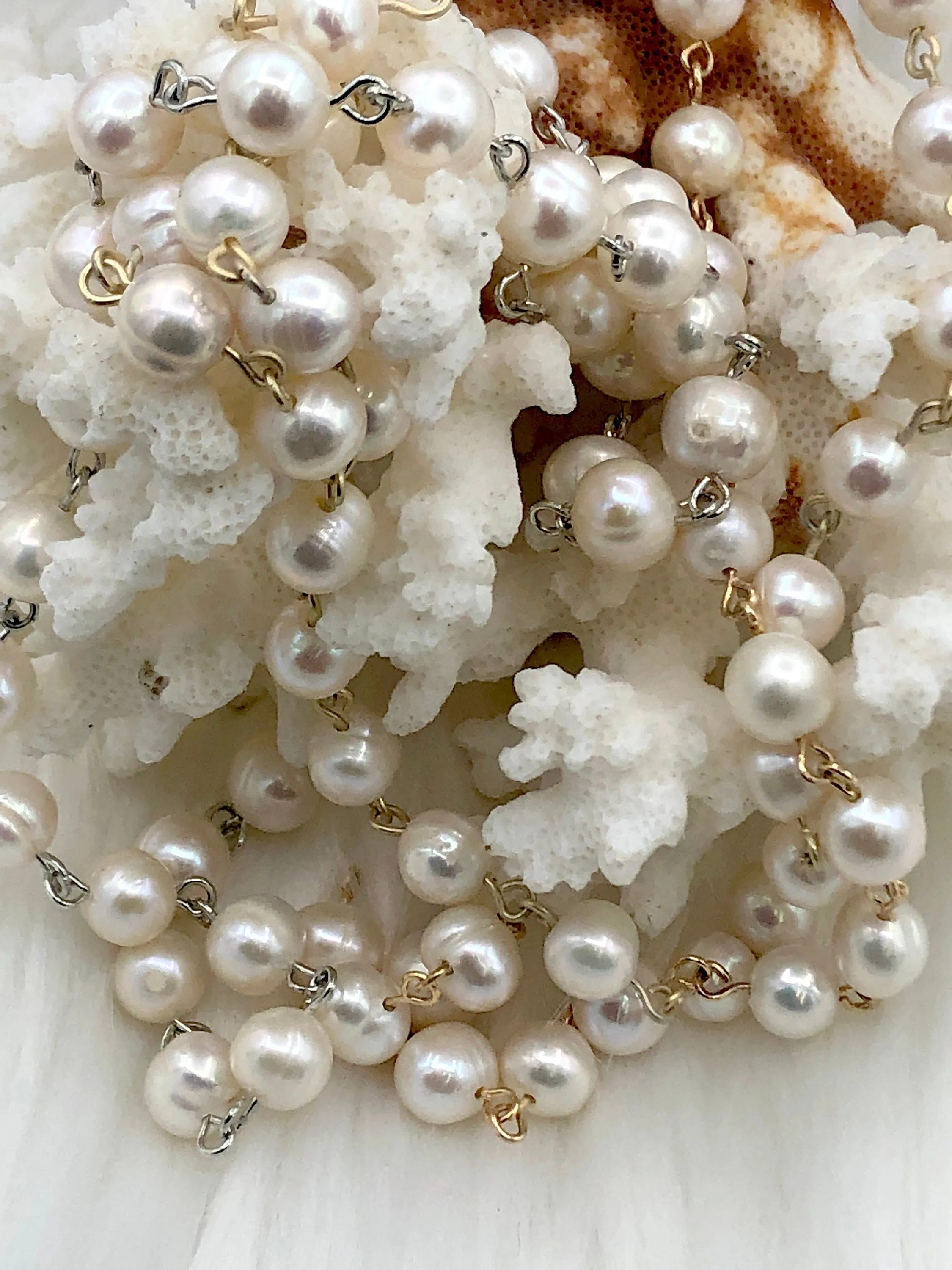 Freshwater AA  9mm White Near Round Freshwater Pearl Beaded Rosary Chain, Natural Freshwater Pearl ,Pearl Chain, Pearl,High Luster,Fast Ship