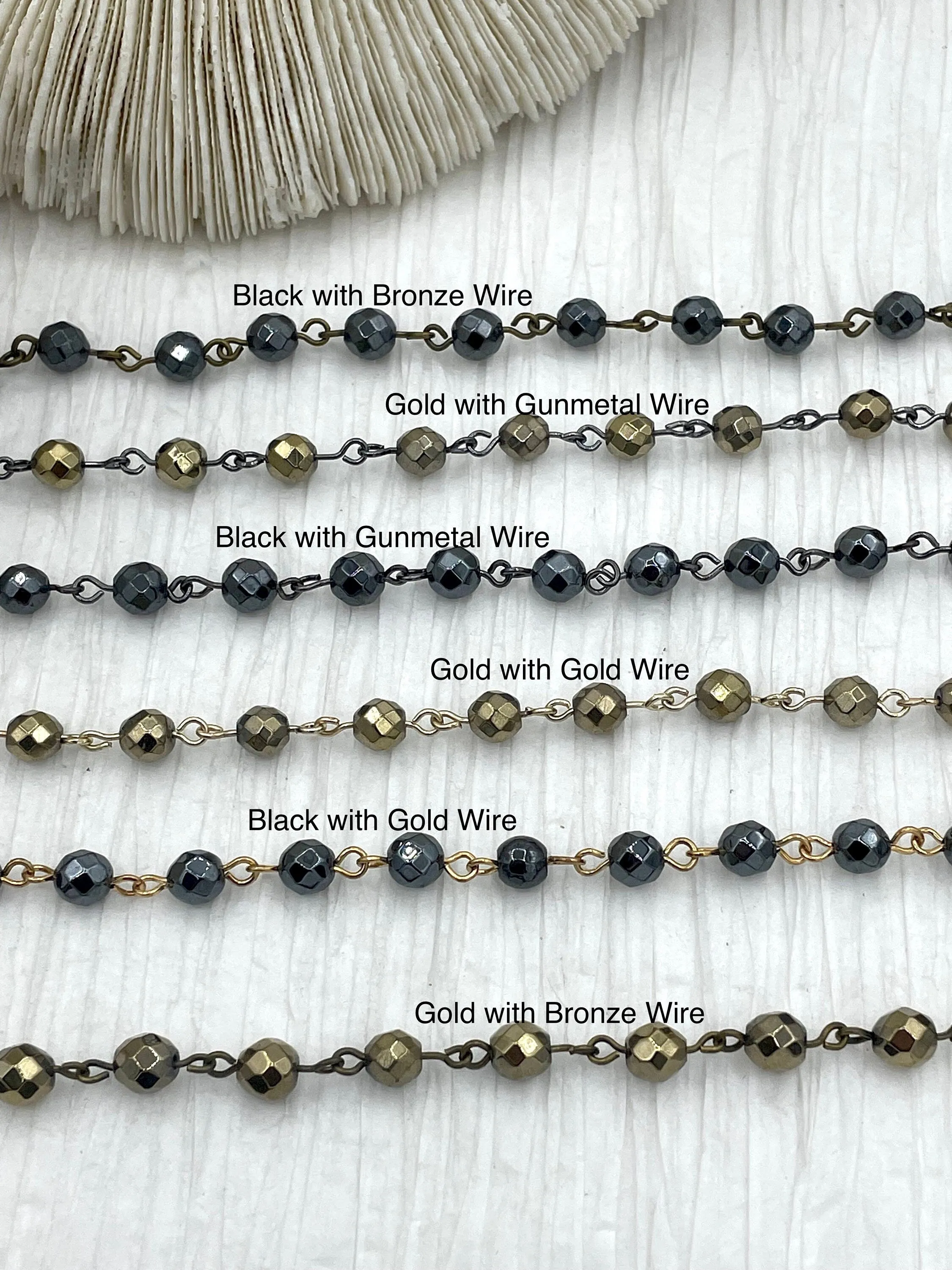 HEMATITE GEMSTONE 1 meter (39") Rosary Style Chain, 6mm Round Faceted beads, Bronze, Gold, or Gunmetal Wire.Chain per meter (39") Fast ship