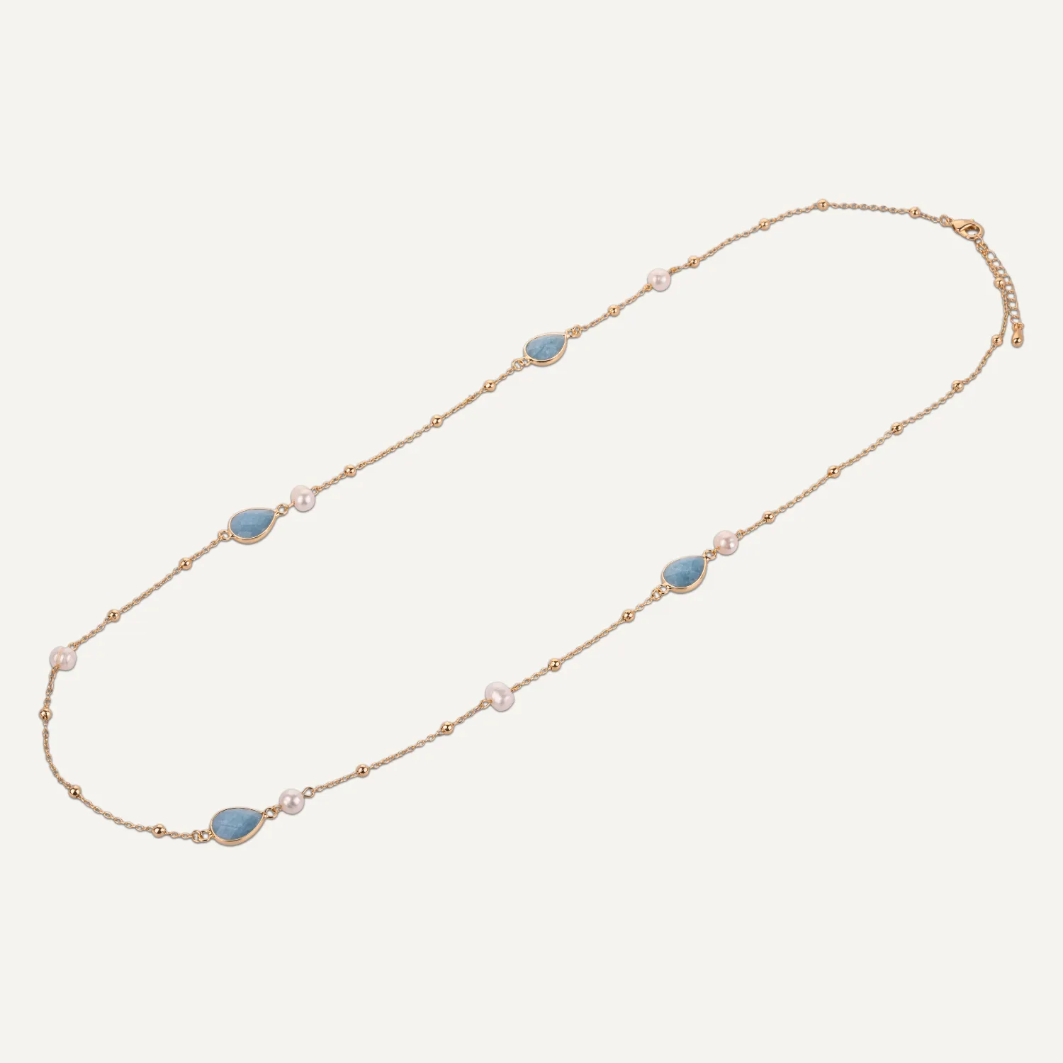 Long Cerulean & Pearl Crystal Stone Necklace In Gold-Tone