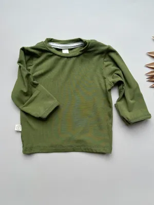 Long Sleeve Crew Neck Tee with Mittens | Baby & Toddler | Luxury Bamboo | Olive