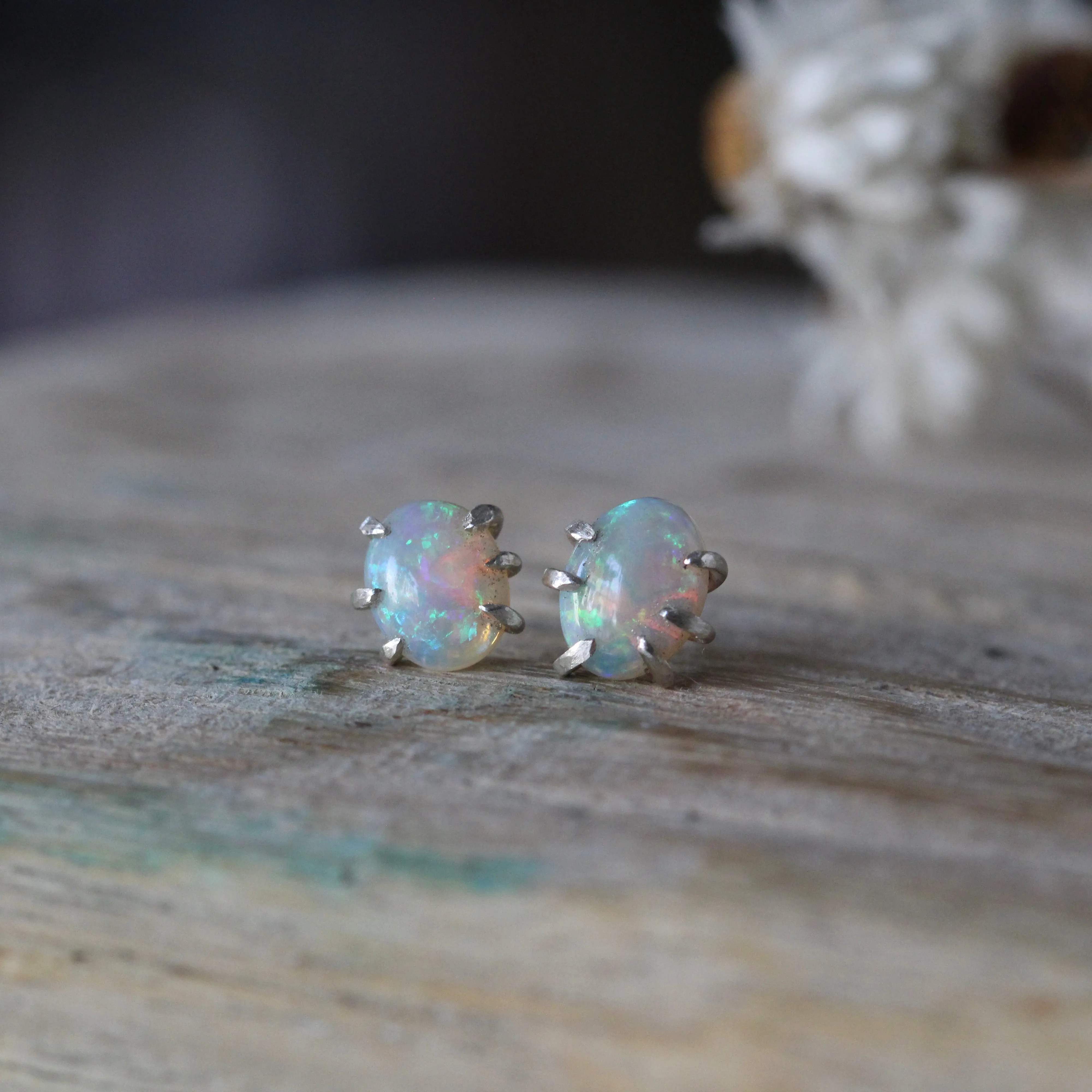 Prong set Opal stud earrings sterling silver