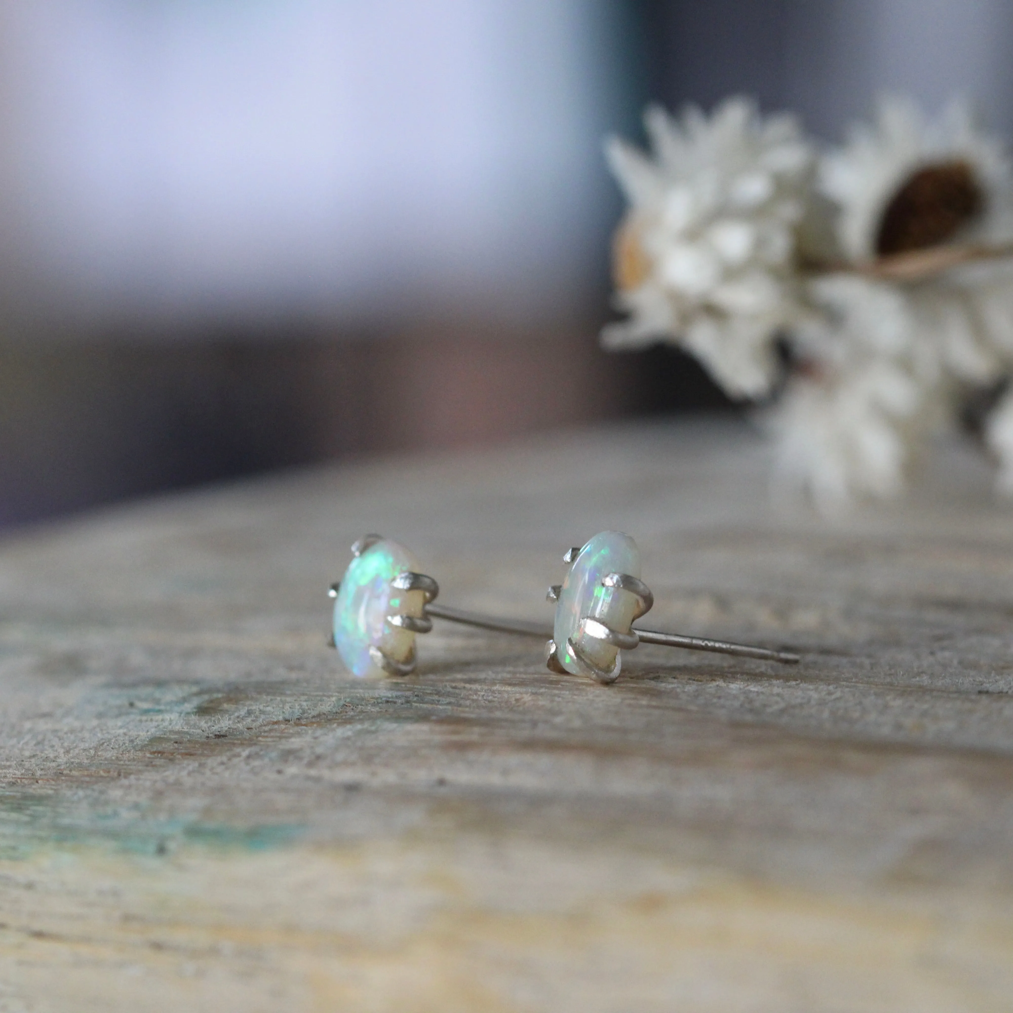 Prong set Opal stud earrings sterling silver