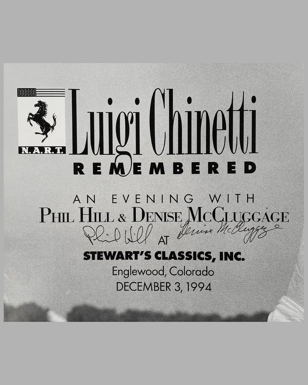 "Luigi Chinetti Remembered" poster for an "Evening with Phil Hill & Denise McCluggage", autographed by both