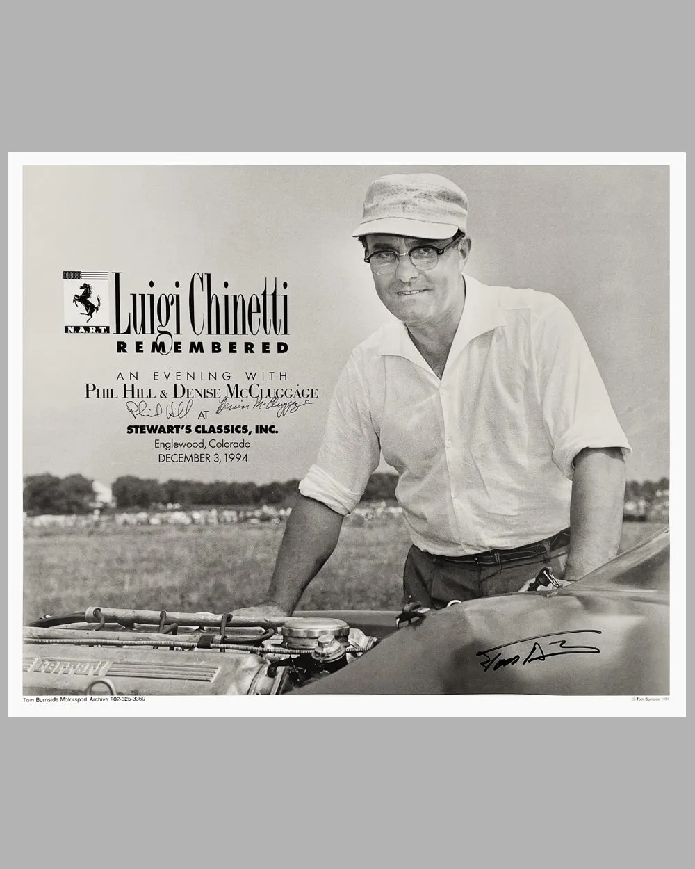 "Luigi Chinetti Remembered" poster for an "Evening with Phil Hill & Denise McCluggage", autographed by both