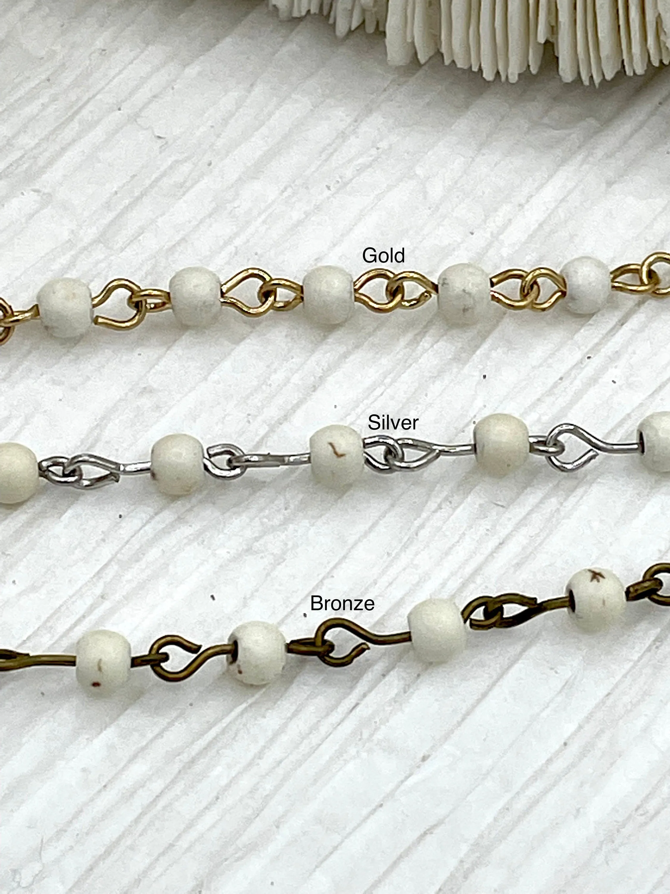 WHITE Howlite Rosary Chain, Gold, silver, bronze or gunmetal wire links, 4mm round stone bead chain 1 Meter (39 inches)