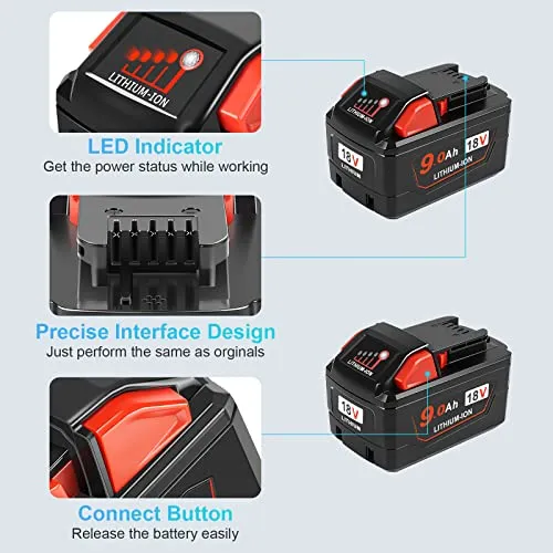 YongerTool 18V 9.0 Ah Replacement for Milwaukee M-18 Battery, 9000 mAh High Demand Compatible with Milwaukee Red Lithium M-18 XC Fuel Battery 48-11-1890 48-11-1850 48-11-1852 48-11-1815,2 Pack